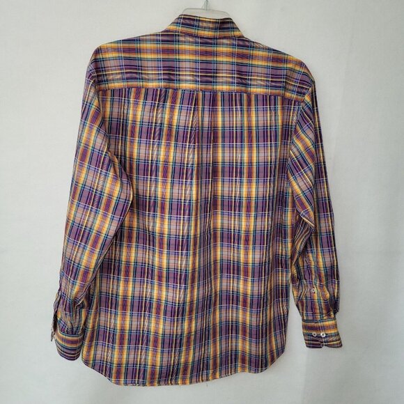 Alan Flusser Shirt Mens L Purple Yellow Plaid Cotton Pocket Preppy Office Casual - Picture 7 of 11